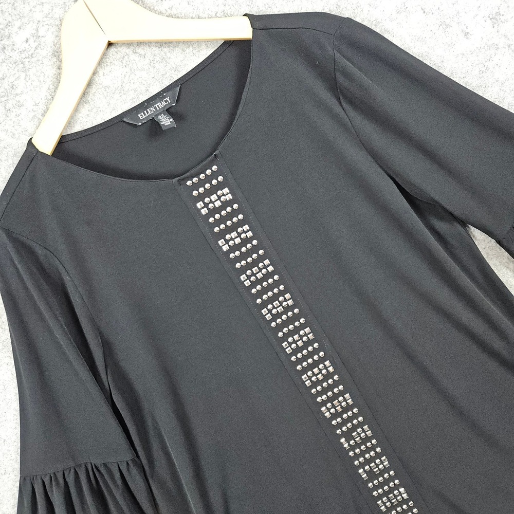 Ellen Tracy Black Bell Sleeve Studded Embellished Blouse Top Women's Size M Work